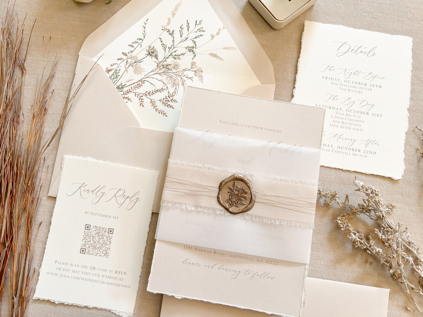 Neutral Wedding Invitation with Deckled Edging, Vellum Bellyband, Chiffon Ribbon and Wax Seal