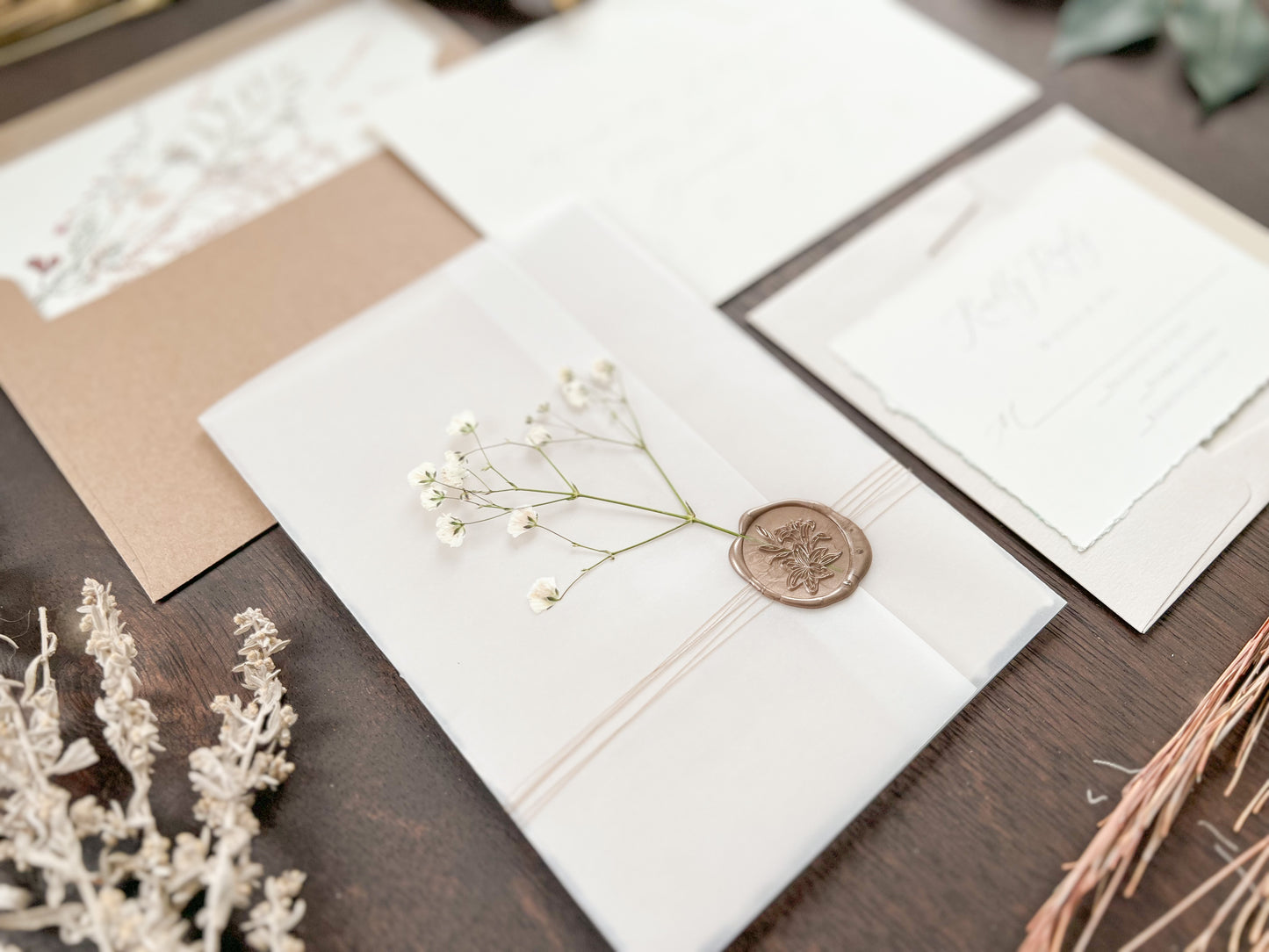 Beige Wedding Invitation with Baby’s Breath, Deckled Edging, Vellum Wrap and Wax Seal