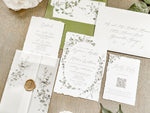 Greenery Wreath Wedding Invitation with Eucalyptus Vellum, Deckled Edging & Wax Seal
