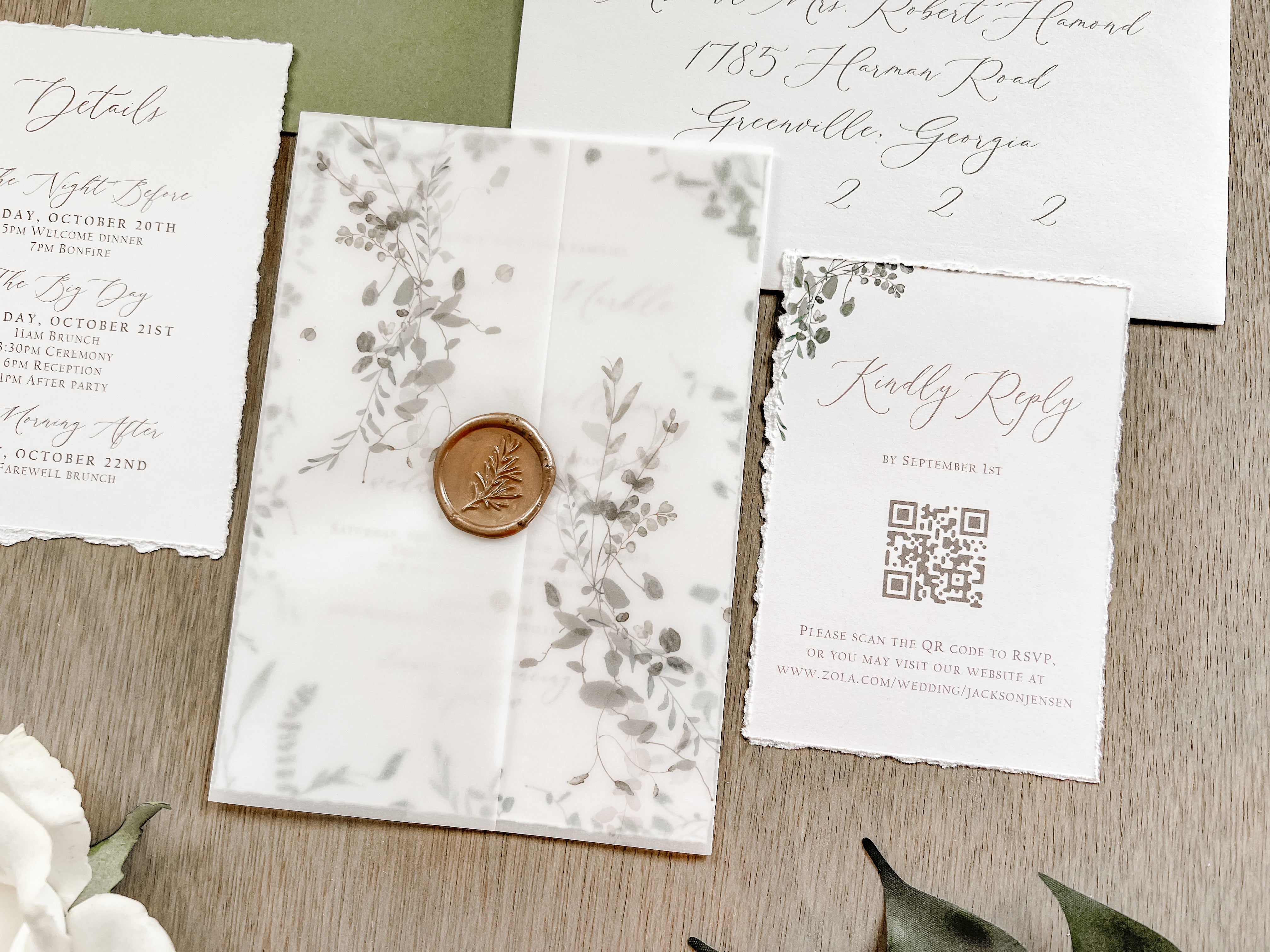 Simple Greenery Wedding Invitation with Eucalyptus, Deckled Edging, Vellum & Wax Seal