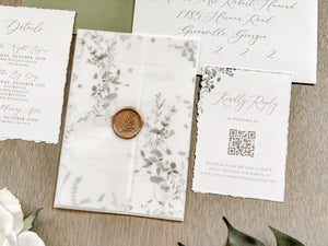 Simple Greenery Wedding Invitation with Eucalyptus, Deckled Edging, Vellum & Wax Seal
