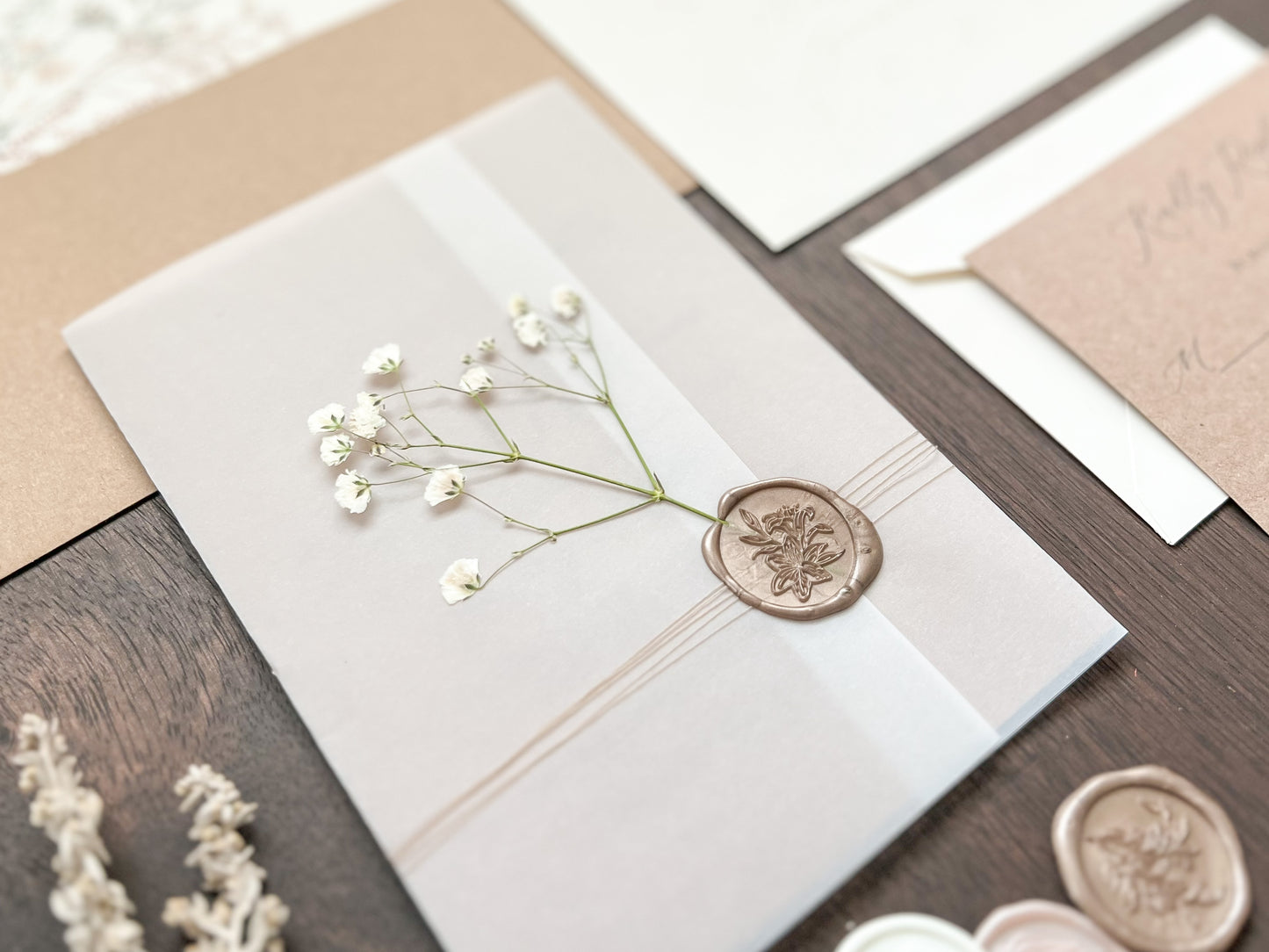 Rustic Baby’s Breath Wedding Invitation with Vellum Wrap and Wax Seal