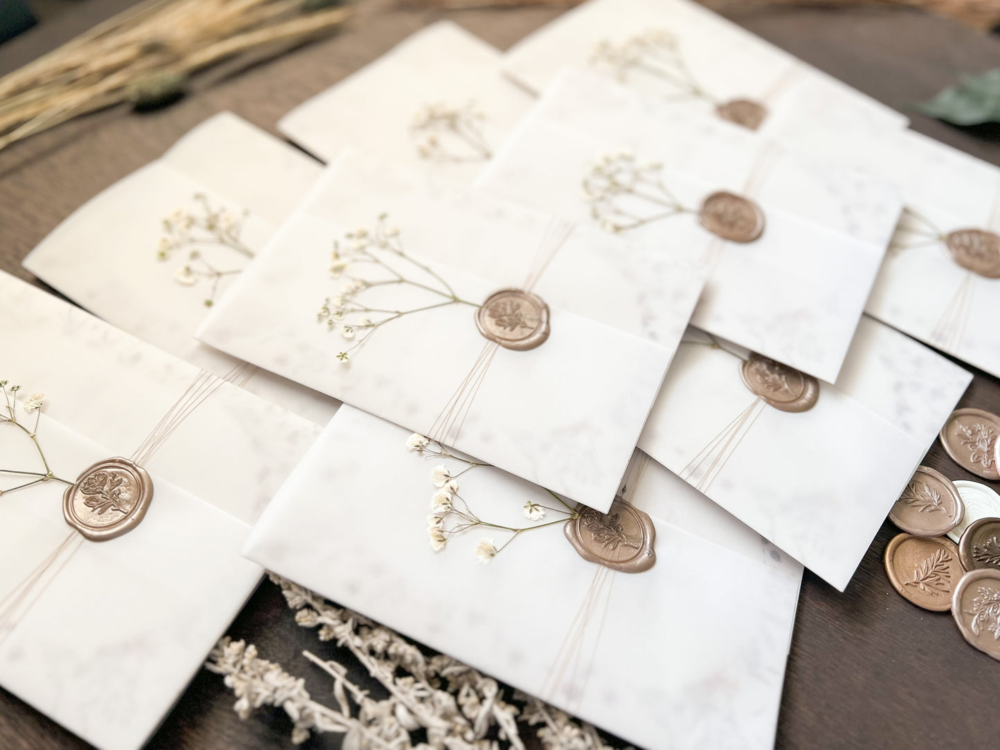 Baby’s Breath Wedding Invitation with Deckled Edging, Vellum Wrap and Wax Seal
