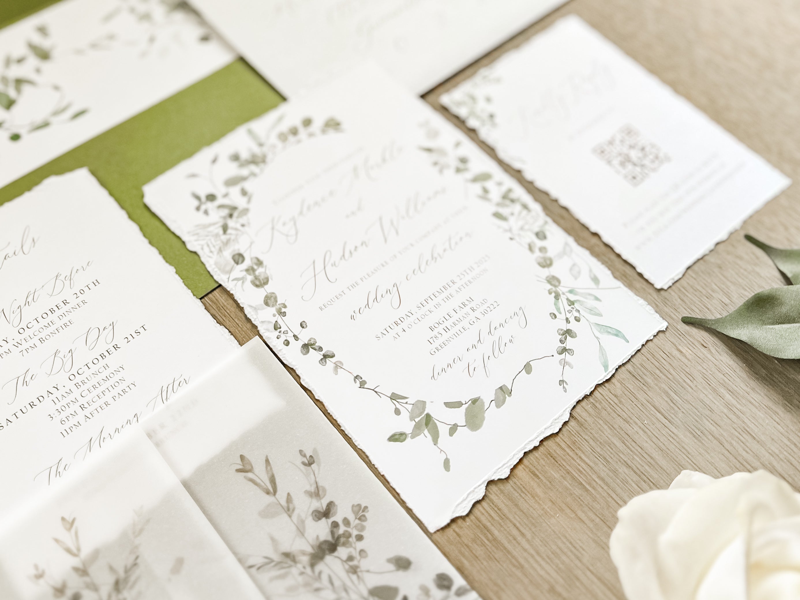 Greenery Wreath Wedding Invitation with Eucalyptus Vellum, Deckled Edging & Wax Seal