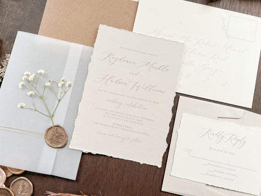 Baby’s Breath Wedding Invitation with Deckled Edging, Vellum Wrap and Wax Seal