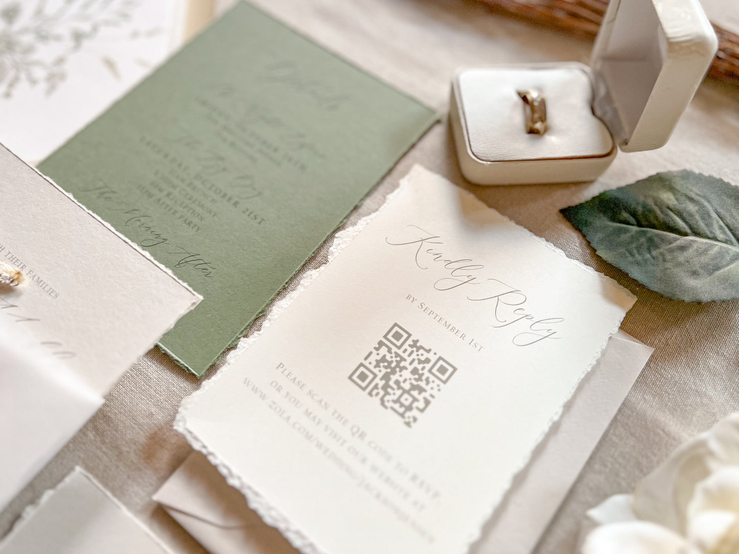 Baby’s Breath Wedding Invitation with Deckled Edging, Baby’s Breath, Vellum and Wax Seal