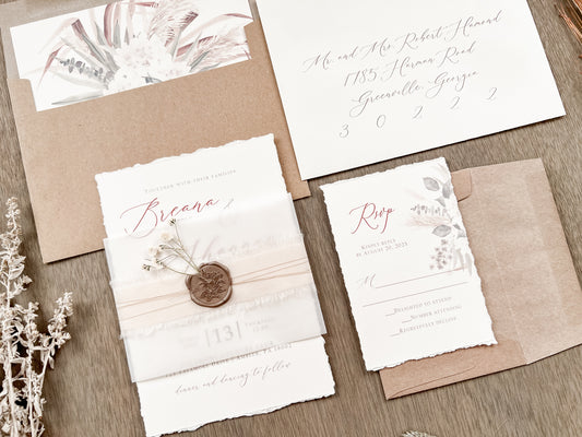 Floral Pampas Grass Wedding Invitation with Deckled Edging, Vellum Belly Band, Chiffon Ribbon, Dried Baby’s Breath and Wax Seal