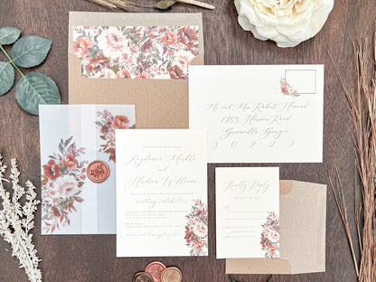 Copper Boho Wedding Invitation with Burnt Orange, Terracotta & Blush Flowers, wrapped in Vellum & Wax Seal