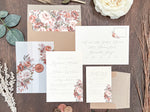 Copper Boho Wedding Invitation with Burnt Orange, Terracotta & Blush Flowers, wrapped in Vellum & Wax Seal