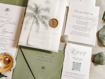 Tropical Wedding Invitation with Palm Tree, Vellum & Wax Seal