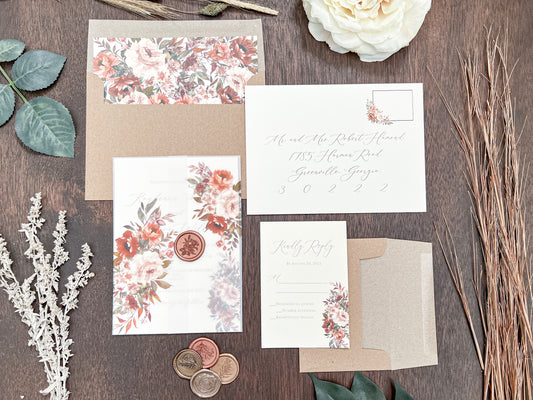Copper Boho Wedding Invitation with Burnt Orange, Terracotta & Blush Flowers, wrapped in Vellum & Wax Seal