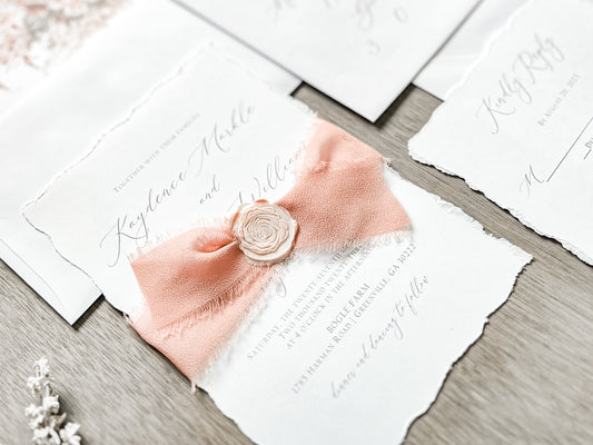 Rose Gold Ribbon Wedding Invitation with Deckled Edging and Blush Pink Wax Seal