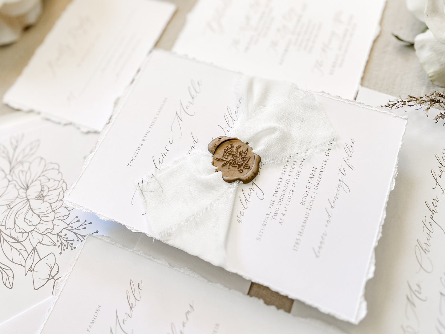 Classic Elegant Wedding Invitation with Deckled Edging, White Chiffon Ribbon & Wax Seal