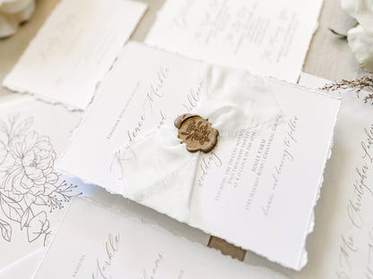 Classic Elegant Wedding Invitation with Deckled Edging, White Chiffon Ribbon & Wax Seal