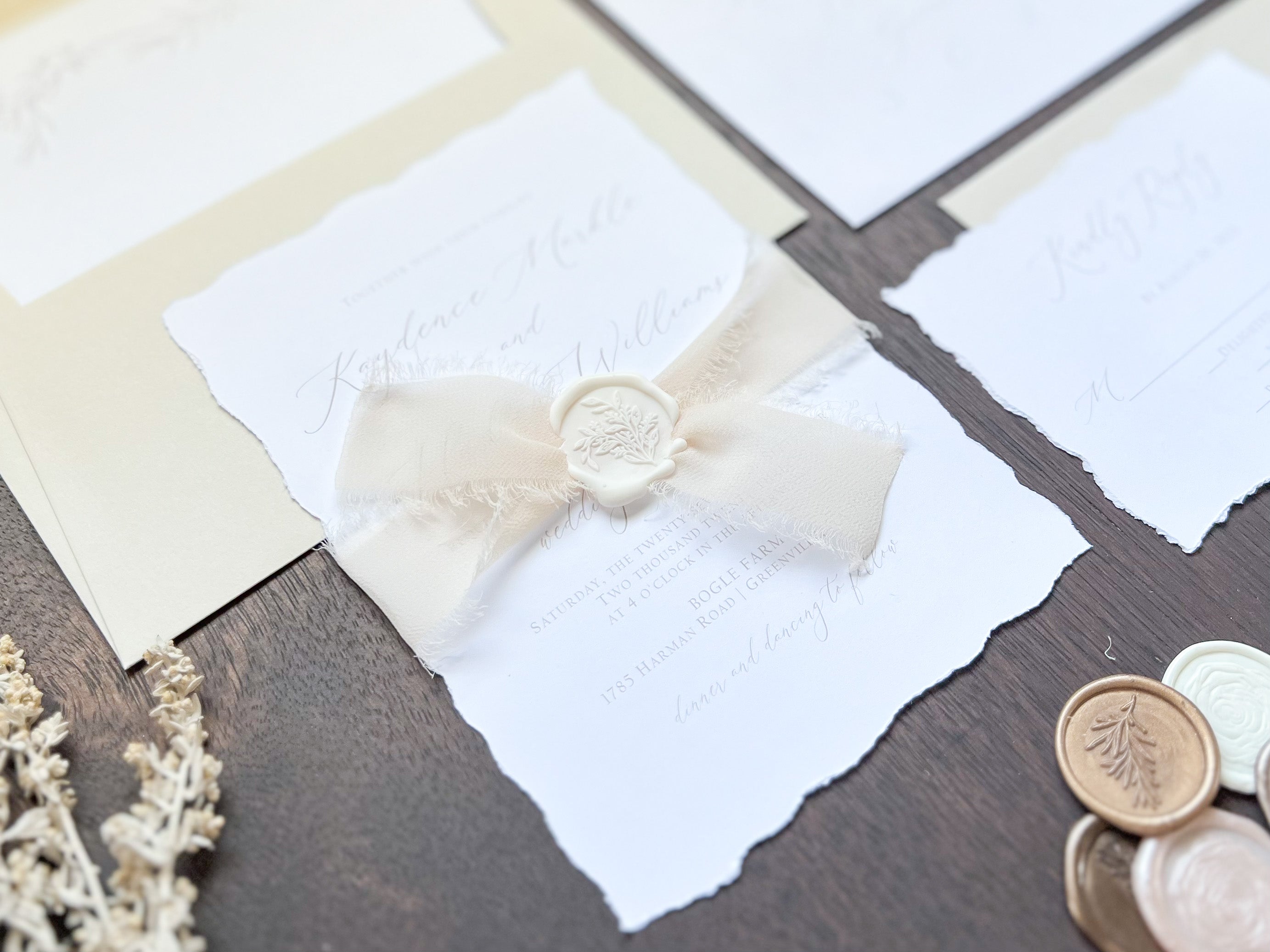Classic Formal Elegant Wedding Invitation with Deckled Edging, Light Nude Chiffon Ribbon & White Wax Seal