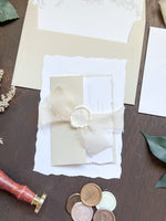 Classic Formal Elegant Wedding Invitation with Deckled Edging, Light Nude Chiffon Ribbon & White Wax Seal