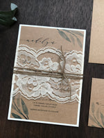 Greenery Wedding Invitation with ivory lace and twine