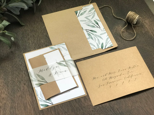 Rustic Greenery Wedding Invitation with Vellum belly band