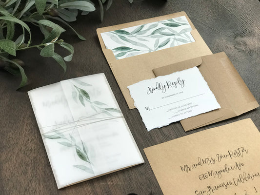 Vellum Wedding Invitation with Greenery and thread