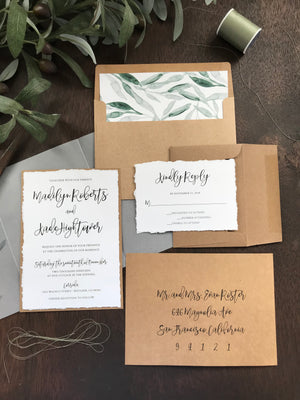 Vellum Wedding Invitation with Greenery and thread