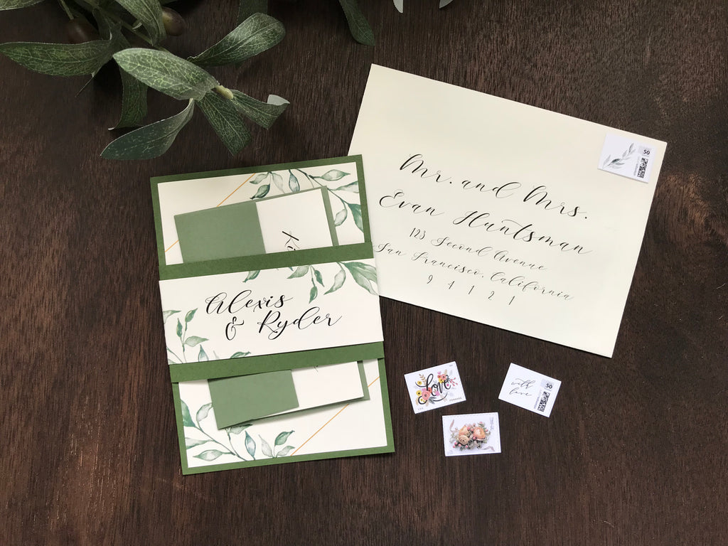 Greenery Wedding Invitation with belly band