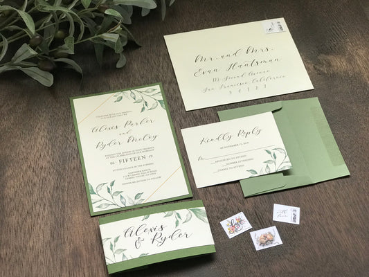 Greenery Wedding Invitation with belly band