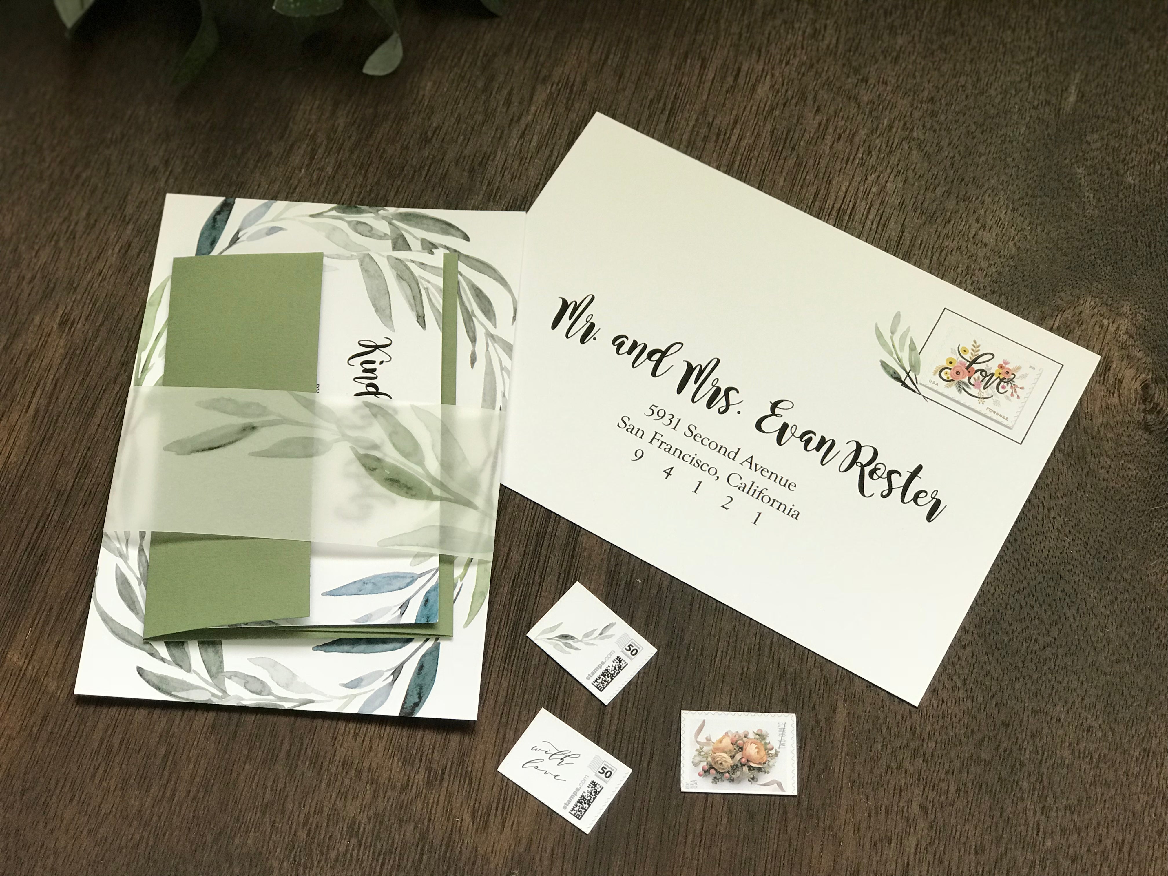 Greenery Wedding Invitation with Vellum Wrap