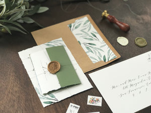 Deckled Edge Wedding Invitation with Wax Seal and Greenery
