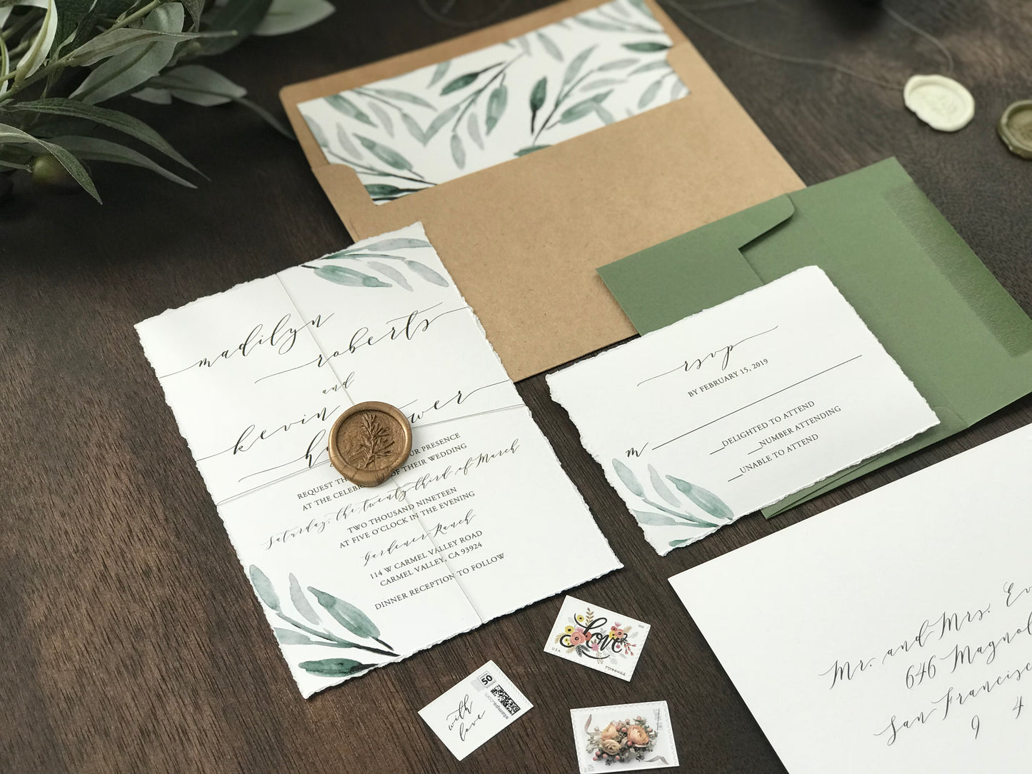 Deckled Edge Wedding Invitation with Wax Seal and Greenery