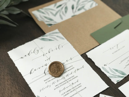 Deckled Edge Wedding Invitation with Wax Seal and Greenery