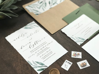 Deckled Edge Wedding Invitation with Wax Seal and Greenery