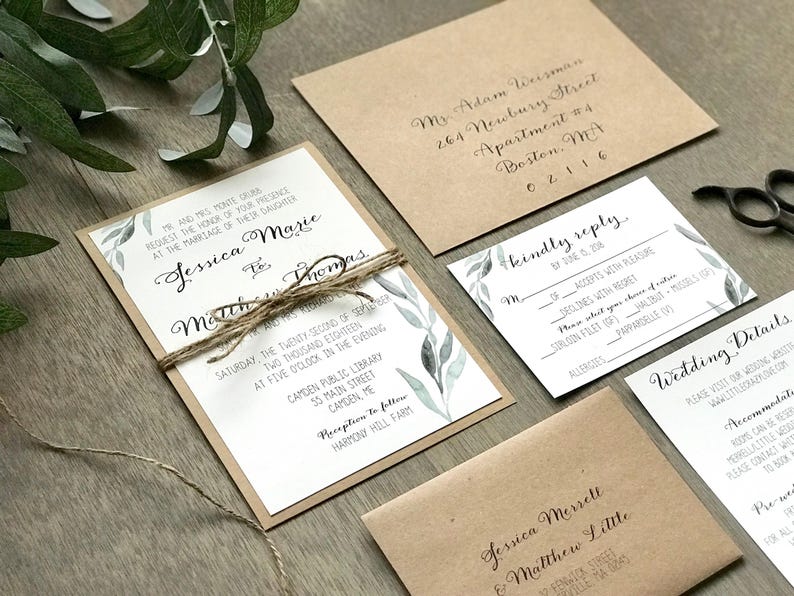 Greenery Wedding Invitation with twine