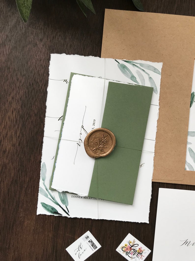 Deckled Edge Wedding Invitation with Wax Seal and Greenery
