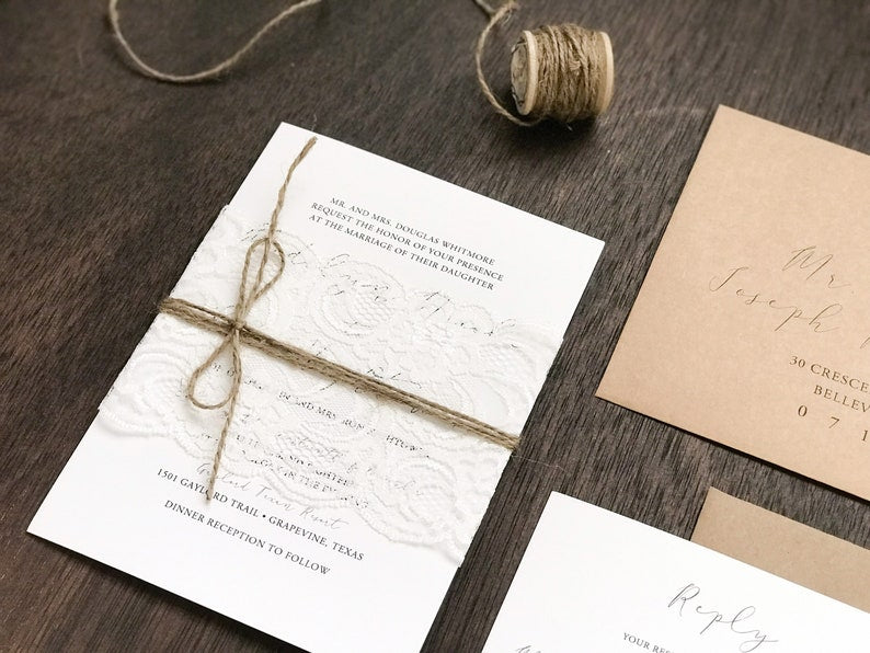 Rustic Lace Wedding Invitation with twine
