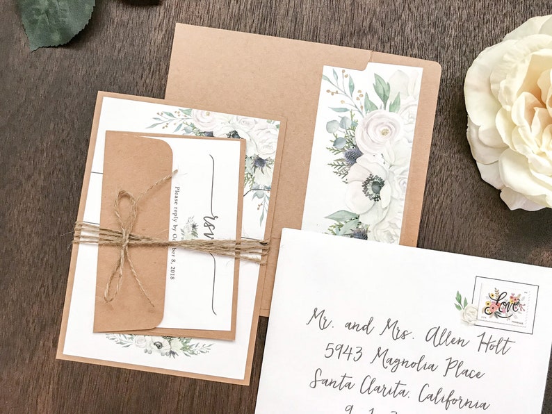 White Floral Wedding Invitation with twine