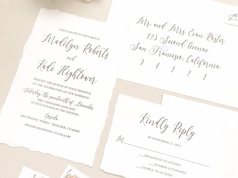 Rustic Elegant Boho Wedding Invitation with Deckled Edging, Dark Nude –  Creative Custom Prints by Tabitha