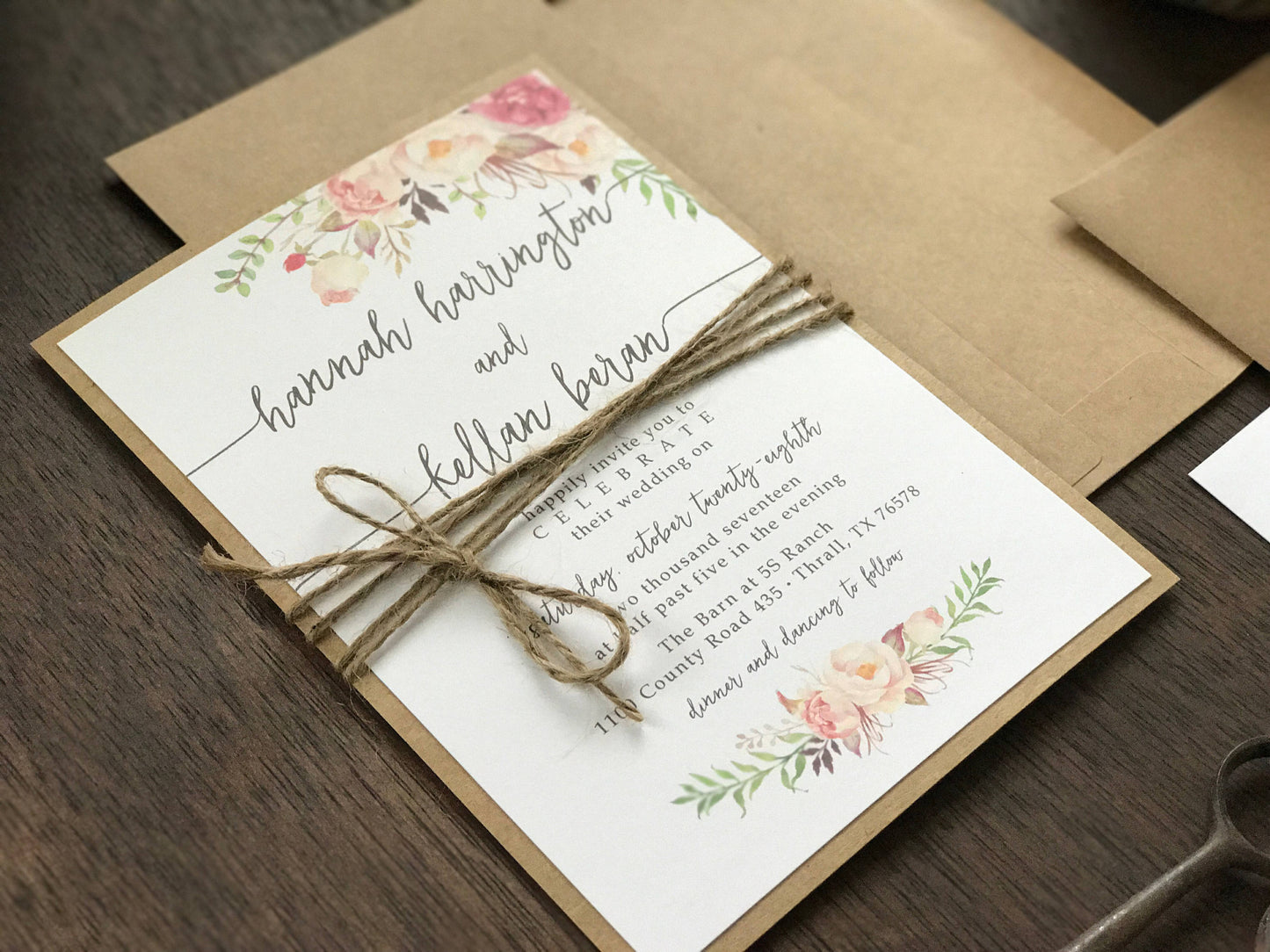 Rustic Pink, Fuchsia & Blush Floral Wedding Invitation with twine and Greenery