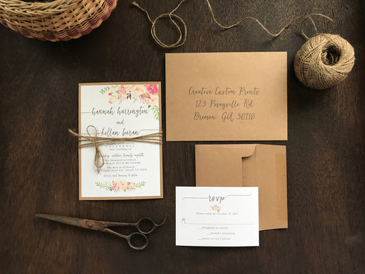 Rustic Pink, Fuchsia & Blush Floral Wedding Invitation with twine and Greenery