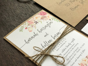 Rustic Pink, Fuchsia & Blush Floral Wedding Invitation with twine and Greenery