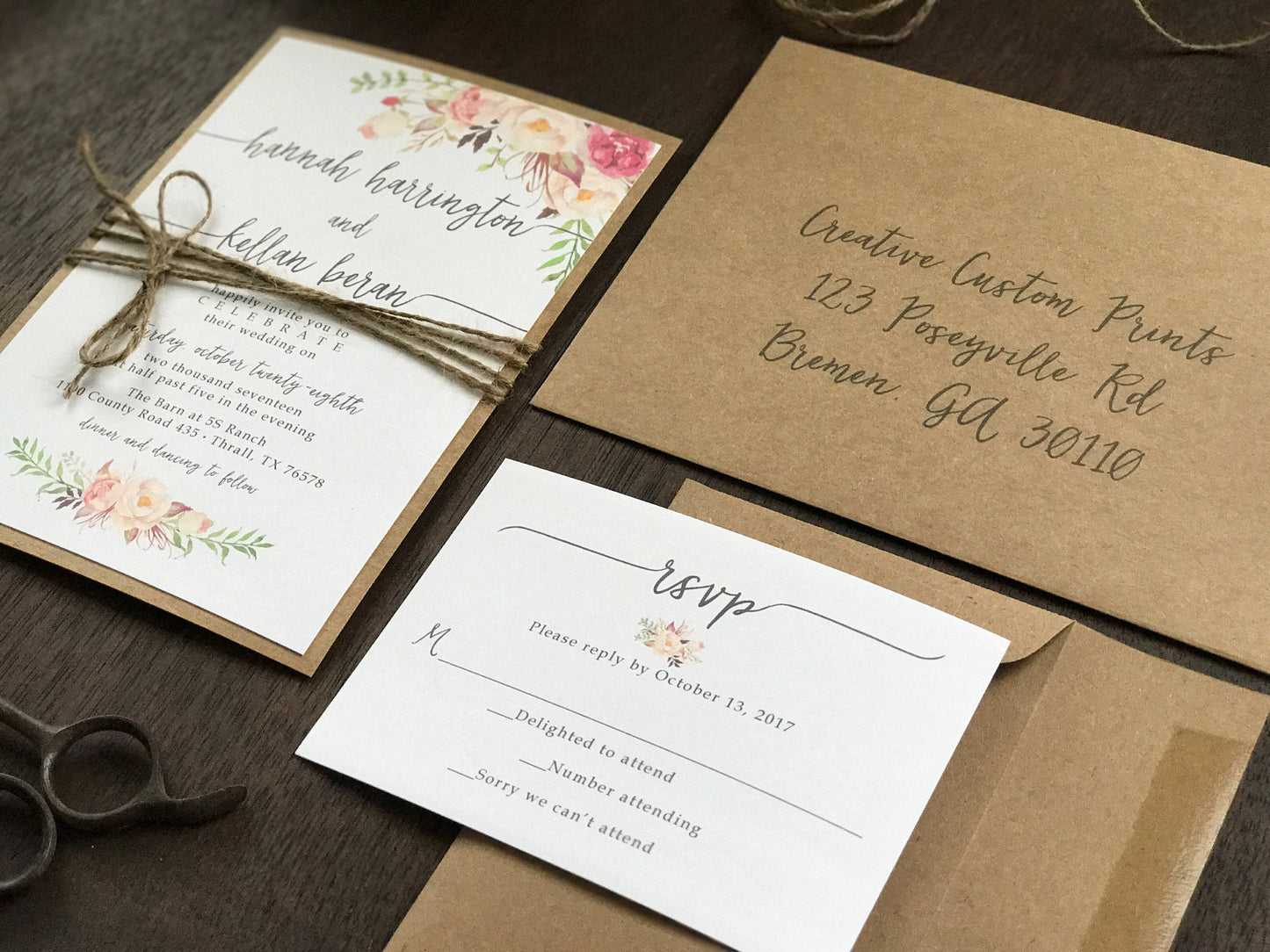 Rustic Pink, Fuchsia & Blush Floral Wedding Invitation with twine and Greenery