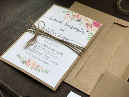 Rustic Pink, Fuchsia & Blush Floral Wedding Invitation with twine and Greenery