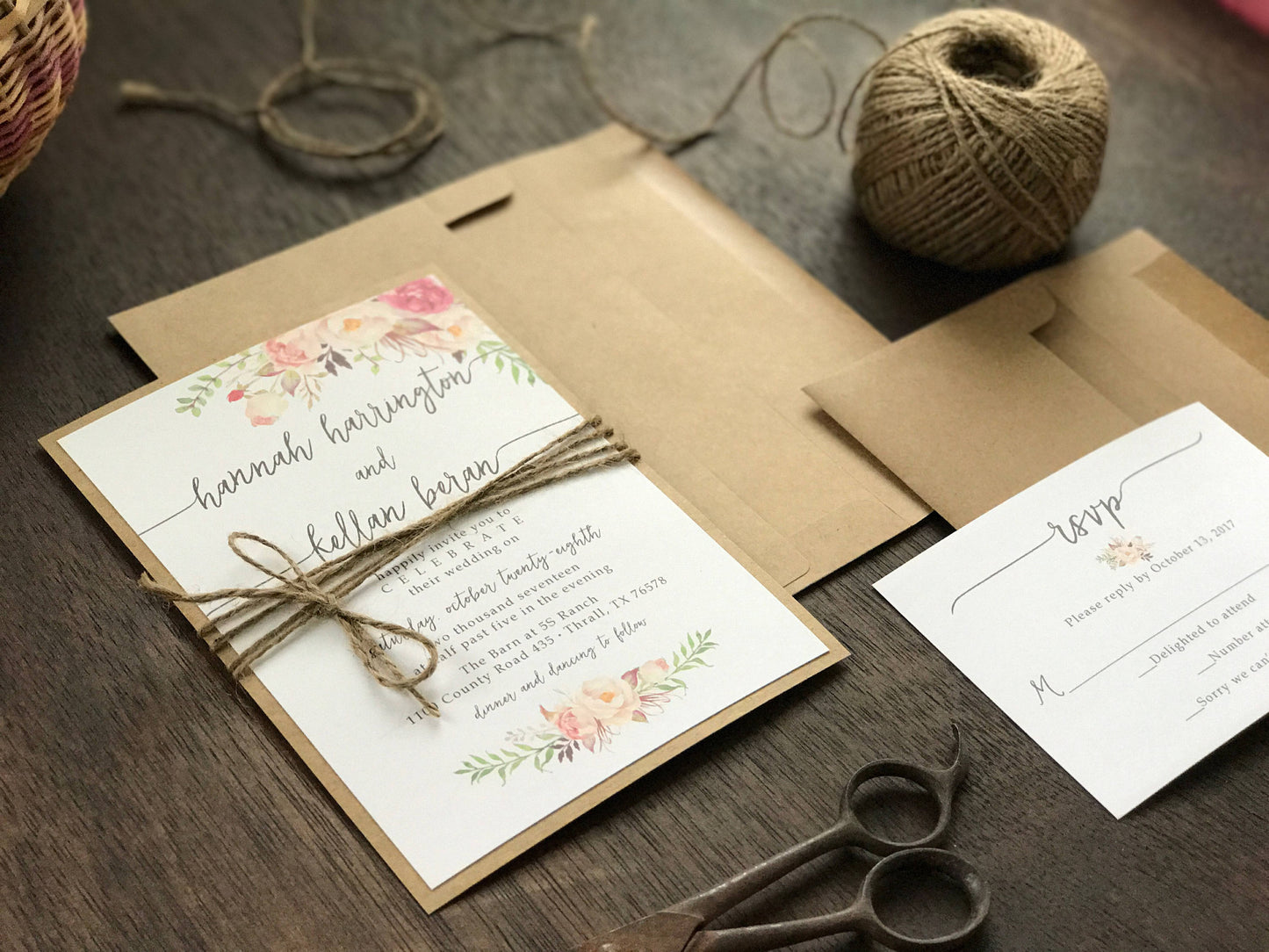Rustic Pink, Fuchsia & Blush Floral Wedding Invitation with twine and Greenery