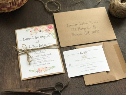 Rustic Pink, Fuchsia & Blush Floral Wedding Invitation with twine and Greenery