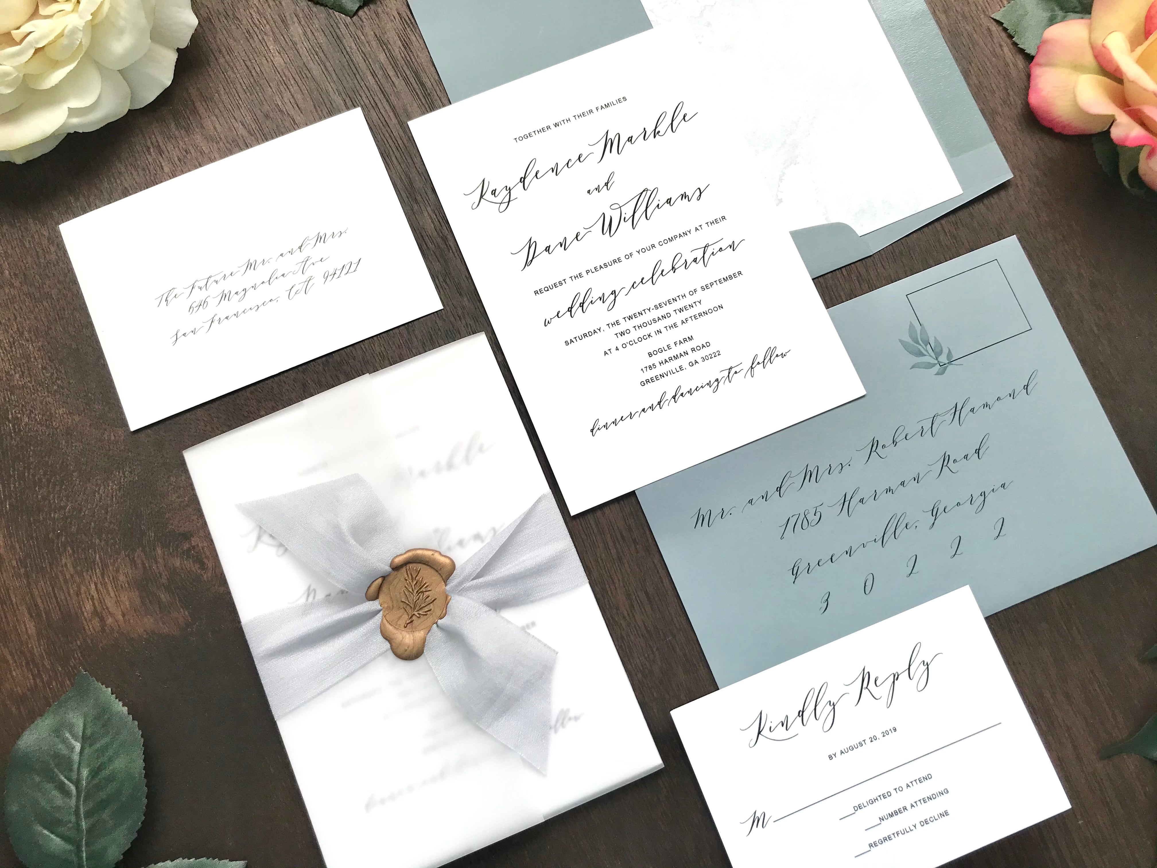 Dusty Blue Wedding Invitation with Vellum, Ribbon and Wax Seal
