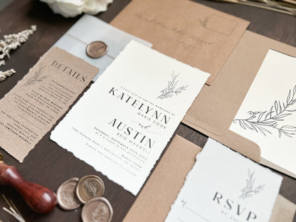 Contemporary Boho Wedding Invitation with Deckled Edging, Vellum Belly Band and Wax Seal