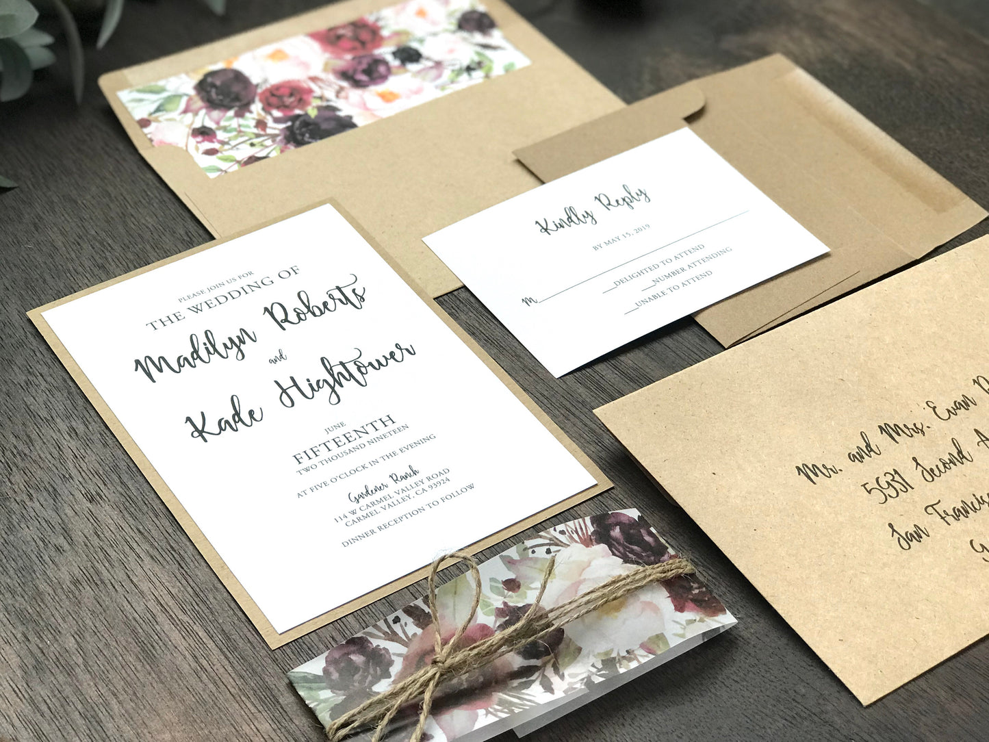Marsala Burgundy Floral Wedding Invitation with vellum belly band and twine