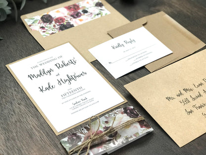 Marsala Burgundy Floral Wedding Invitation with vellum belly band and twine