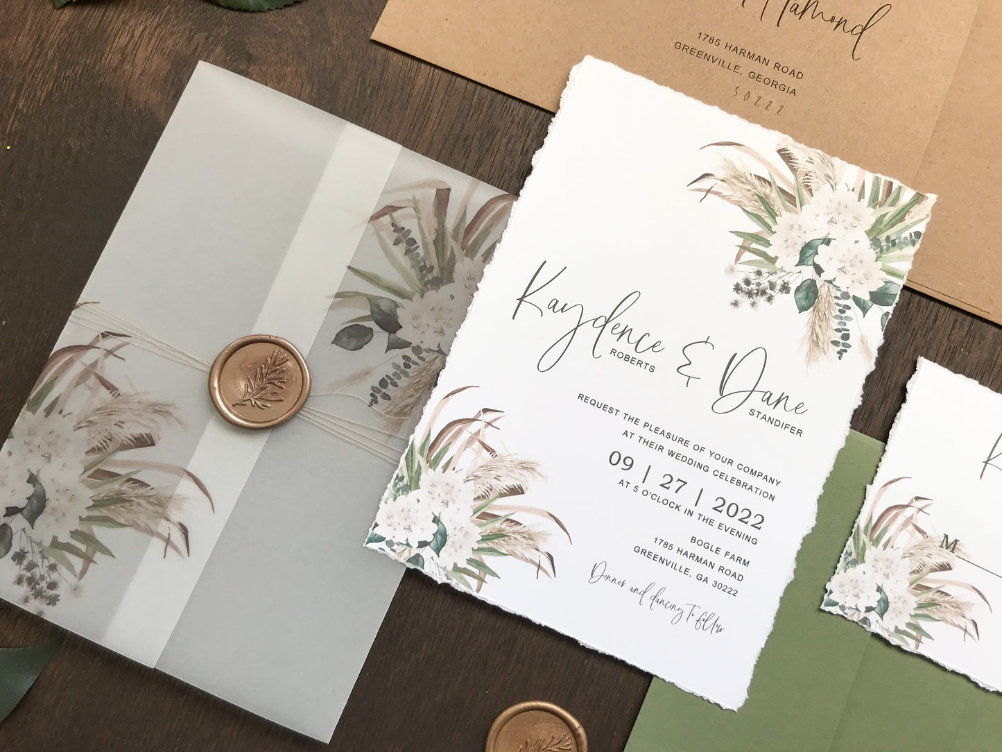 Boho Vellum Wedding Invitation with Wax Seal, Pampas Grass, Florals and Greenery