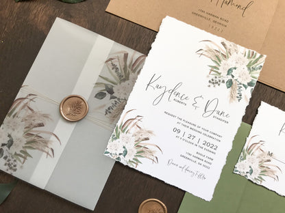 Boho Vellum Wedding Invitation with Wax Seal, Pampas Grass, Florals and Greenery