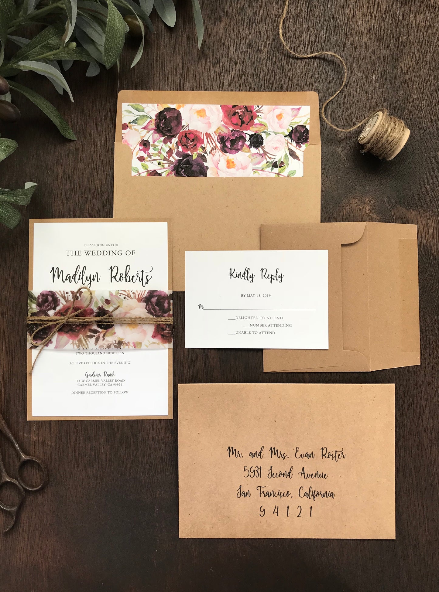 Marsala Burgundy Floral Wedding Invitation with vellum belly band and twine